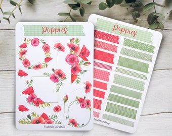 Sticker Poppies Poppy Flower Frames - Spring Sticker Sheet with red Poppy Flowers, BuJo Planner Journal Stickers, Pink Green Washi Tapes