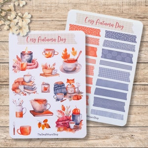 Sticker Sheet Cosy Autumn Day V2 - Aufkleber Herbst, Stickerbogen Herbstmotive, BuJo Planer Junk Journal Sticker, Washi Tapes grau orange