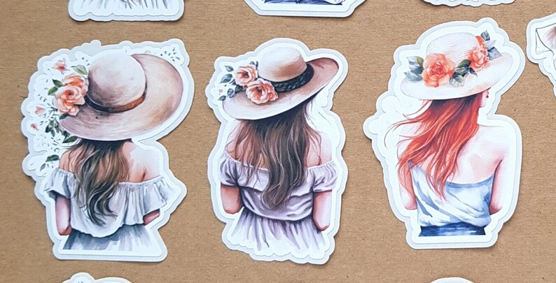 Charming Girls Sticker Set 12 autocollants individuels filles avec chapeau Autocollants de collage de planificateur de journal de balle image 4