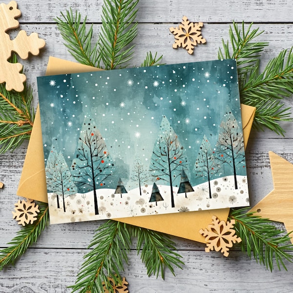 Weihnachtskarte Winterwald | hochwertige Postkarte in Leinenoptik DIN A6, Weihnachten Winter Karte mit märchenhaftem Weihnachtsmotiv