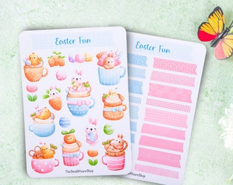 Autocollant Pâques Fun Pâques - autocollants printemps, feuille d’autocollants lapins poussins tasses, autocollants de journal de planificateur BuJo, bandes washi bleu rose