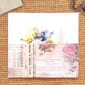 K&ouml;nnte beinhalten: Ein Aquarellbild eines Blumenstrau&szlig;es mit einem angeh&auml;ngten alten Beleg oder einer Rechnung. Der Beleg ist f&uuml;r "Bought of Terms" und stammt von der "National Essence Coffee Company".