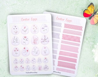 Autocollant oeufs de Pâques 2 tailles - autocollants printemps, feuille d'autocollants fleurs délicates œufs peints, autocollants de journal de planificateur BuJo, bandes washi gris rose