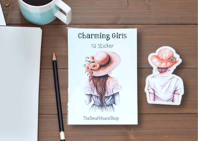 Charming Girls Sticker Set 12 autocollants individuels filles avec chapeau Autocollants de collage de planificateur de journal de balle image 7