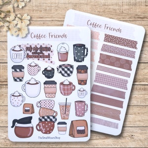 Foglio di adesivi Coffee Friends - adesivi per tazze di caffè, tazze di caffè, foglio di adesivi per pausa caffè, diario di pianificazione BuJo, nastro washi marrone rosa