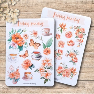 Feeling Peachy Sticker Sheet - Aufkleber Sommer Pfirsich, Stickerbogen Blumen Schmetterlinge Tassen pfirsichfarben, BuJo Planer Junk Journal