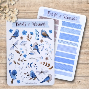 Sticker Bogen - Blue Birds & Flowers | BuJo Aufkleber, Planersticker, Scrapbook Stickerset, winterliche Motive Aufkleberbogen, Winter Vögel