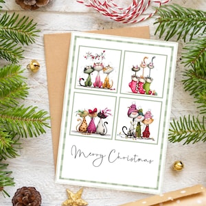 Christmas card with cats, postcard in linen look DIN A6, Christmas winter card with cat motif "Funny Christmas Cats"