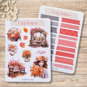 Sticker Sheet Cosy Season V4 - Aufkleber Herbst, Stickerbogen Herbstmotive, BuJo Planer Junk Journal Sticker, Washi Tapes grau rosa