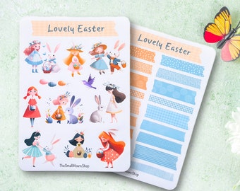 Autocollant Lovely Easter - autocollant printemps, feuille d’autocollants filles lapins de Pâques, autocollants de journal de planificateur BuJo, bandes washi orange bleu