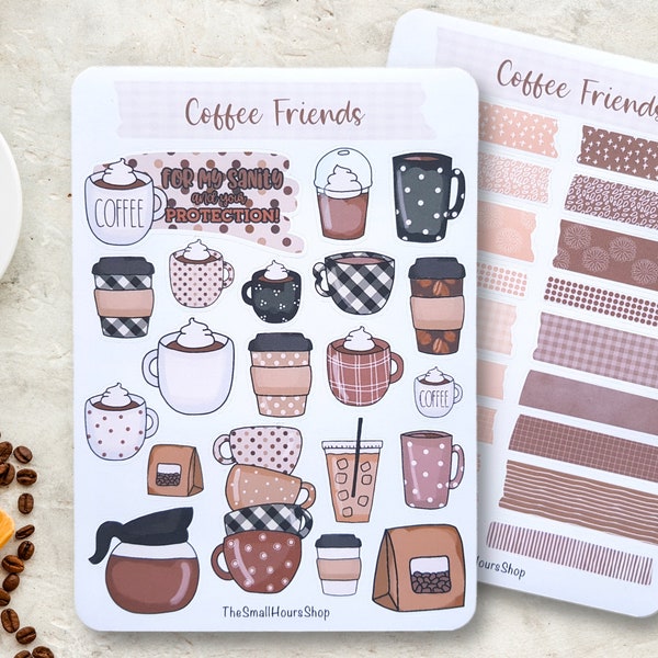 Coffee Friends Sticker Sheet - Aufkleber Kaffee Tassen Kaffeetassen, Stickerbogen Kaffeepause, BuJo Planer Journal, Washi Tape braun rosa
