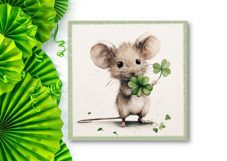Carte de la Saint-Patrick petite souris Carte postale de qualité supérieure au look lin carré, carte postale de la Saint-Patrick avec un joli motif animalier. image 2