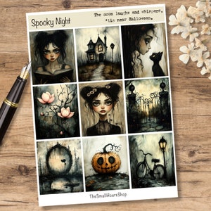 以下が含まれることがあります： ダークで幻想的なスタイルで、不気味なイラストが描かれた9つのデジタルステッカーのセット。ステッカーには、本を読んでいる女の子、幽霊屋敷、猫と女の子、門、花が咲いた木、花を髪につけた女の子、カボチャ、自転車、そしてポータルが含まれています。画像には、「Spooky Night」と「The moon laughs and whispers, 'tis near Halloween.」というテキストが含まれています。