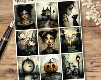 Transparent Spooky Night Halloween stickers - sticker sheet with 9 stickers and matching quote, for creative journaling