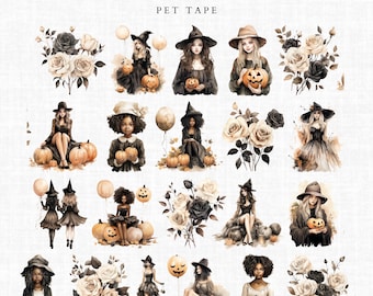 Halloween Girls - PET Tape, Sample Loop 100 cm, Witches and Roses for Art Journal Collages Planner BuJo Scrapbooking, TheSmallHoursShop tape