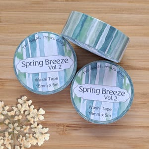 Washi Tape Spring Breeze Vol. 2, rouleau complet, 15 mm x 5 m, motif rayé dans les tons bleus et verts, ruban décoratif pour agendas et albums de scrapbooking
