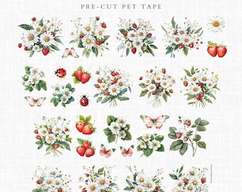 pre-cut PET Tape Erdbeeren Blumen -  Sample Loop 6cm x 100cm, vorgeschnittene Motive, florales Scrapbooking Zubehör, Junk Journal Sticker