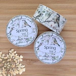 Washi Tape Lente Vol. 2 volle rollen, 20 mm x 5 m, vogels op tere takken, lente, zachte groene tinten, decoratieve tape voor planners en plakboeken