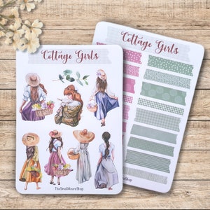 Foglio di adesivi per ragazze Cottage - adesivi per ragazze vita di campagna, fogli di adesivi per ragazze, adesivi per diario spazzatura BuJo planner, nastri washi rosa verde