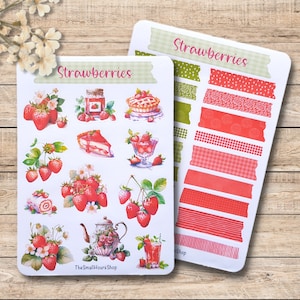 Strawberries Sticker Sheet - Aufkleber Sommer Erdbeeren, Stickerbogen Erdbeeren Kuchen, BuJo Planer Junk Journal, Washi Tape