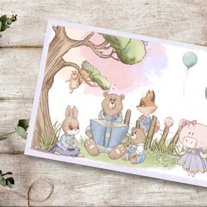 Carte postale ludique Heure de lecture Carte postale de qualité supérieure aspect lin DIN A6, carte avec joli motif animalier, anniversaire de Pâques image 3
