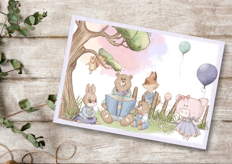 Carte postale ludique Heure de lecture Carte postale de qualité supérieure aspect lin DIN A6, carte avec joli motif animalier, anniversaire de Pâques image 3