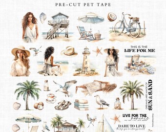 Pre-cut PET tape, summer vacation by the sea, maritime beach scenes, pre-cut sticker sample 6 cm x 100 cm, scrapbooking supplies, junk journal