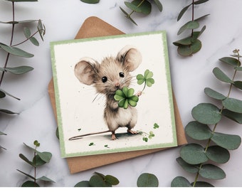 Carte de la Saint-Patrick petite souris | Carte postale de qualité supérieure au look lin carré, carte postale de la Saint-Patrick avec un joli motif animalier.