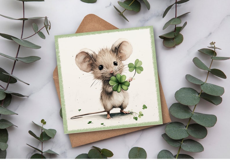 Carte de la Saint-Patrick petite souris Carte postale de qualité supérieure au look lin carré, carte postale de la Saint-Patrick avec un joli motif animalier. image 1