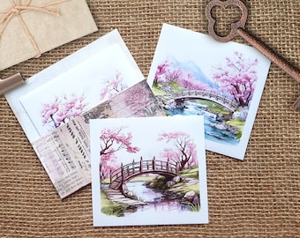 Frühling Brücken Background Sticker Set - 6 transparente Hintergrund Sticker für Journal Collagen, Aufkleber Kirschblüte Sakura Landschaft