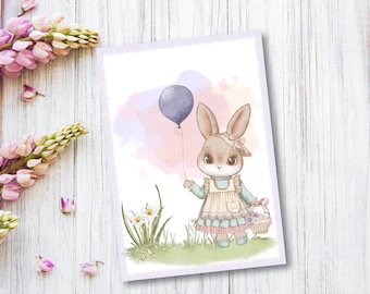 carte postale ludique Bonjour printemps ! - carte postale de qualité supérieure aspect lin DIN A6, carte avec un joli motif de lapin, Pâques, anniversaire