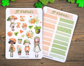 Autocollant Saint-Patrick - autocollants filles de fleurs, feuille d’autocollants trèfle irlandais, autocollants de journal de planificateur BuJo, bandes washi vert orange