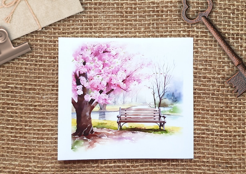 Park Bench in Spring Background Sticker Set 6 autocollants de fond transparents, collages de journaux, autocollants paysage sakura en fleurs de cerisier image 5