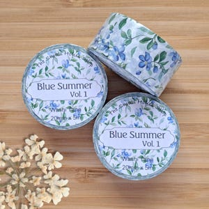 Washi Tape Blue Summer Vol. 1, volle rol, 20 mm x 5 m, delicate bloemen in blauw- en groentinten, decoratieve tape voor planners en plakboeken
