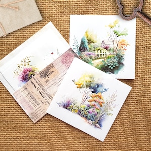 K&ouml;nnte beinhalten: Drei Aquarelle von G&auml;rten. Das erste Bild zeigt einen wei&szlig;en Lattenzaun und einen Weg, der zu einem kleinen Haus f&uuml;hrt. Das zweite Bild zeigt eine Vielzahl von Blumen und Pflanzen in einem Garten. Das dritte Bild zeigt einen einzelnen Baum mit Blumen und Pflanzen im Vordergrund.