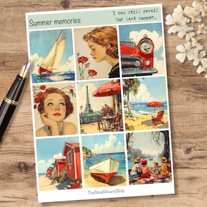 transparante stickers - Summer Memories - stickervel met retro zomermotieven voor creatieve journaling en planners, nostalgische feestdagen