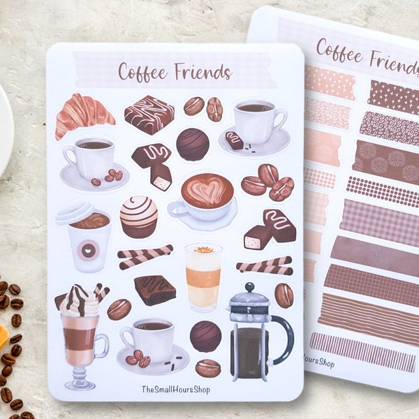 Coffee Friends Sticker Sheet - Aufkleber Kaffee und Pralinen, Stickerbogen Kaffeepause, BuJo Planer Journal, Washi Tape braun rosa