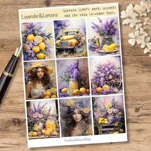 adesivi trasparenti - Lavanda e Limoni - foglio di adesivi con motivi di lavanda e limone per diari e pianificatori creativi, estivi
