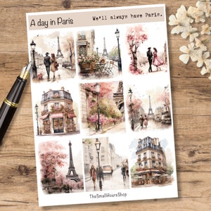 adesivi trasparenti - A Day in Paris - foglio di adesivi con motivi parigini per diari e pianificatori creativi, impressioni parigine