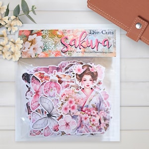 60 pièces Set de découpes « Sakura » avec fleurs de cerisier et éléments traditionnels japonais, papier premium 200 g, pour cartes, albums et journaux