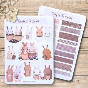Coffee Friends Sticker Sheet - Aufkleber Kaffee Freunde Hasen, Stickerbogen Häschen, BuJo Planer Journal, Washi Tape braun rosa