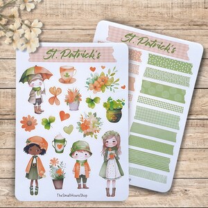 Sticker St. Patrick's Day - Aufkleber Blumen Mädchen, Stickerbogen Kleeblatt irisch, BuJo Planer Journal Sticker, Washi Tapes grün orange