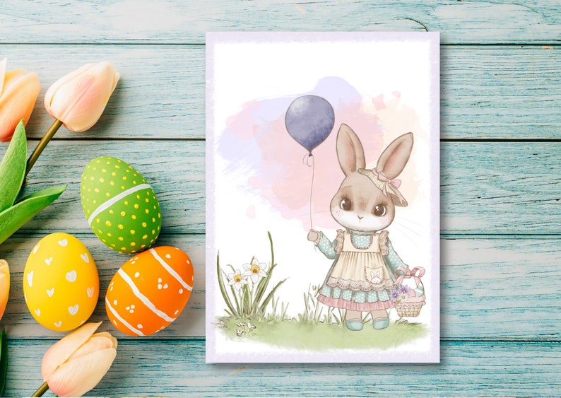 carte postale ludique Bonjour printemps carte postale de qualité supérieure aspect lin DIN A6, carte avec un joli motif de lapin, Pâques, anniversaire image 2