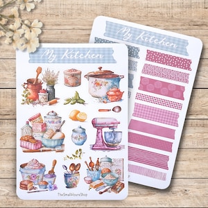 Folha de adesivos My Kitchen - adesivo de cozinha vintage, folha de adesivos acessórios de cozinha livro de receitas culinária, adesivos de planejador BuJo, fitas washi azul vermelho