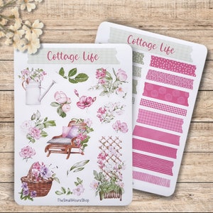 Sticker Sheet Cottage Life - Aufkleber Frühling Landleben, Stickerbogen Blumen, BuJo Planer Journal Sticker, Washi Tapes rosa grün