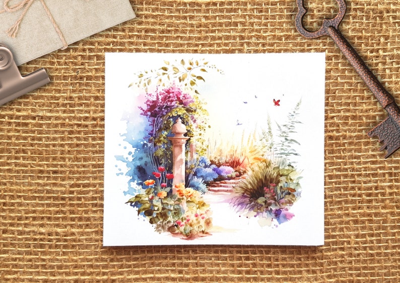 K&ouml;nnte beinhalten: Aquarellgem&auml;lde einer Gartenszene mit einem Steinbogen, Blumen und einem Weg, der zu ihm f&uuml;hrt. Das Gem&auml;lde ist in Blaut&ouml;nen, Gr&uuml;n, Rosa und Gelb gehalten.