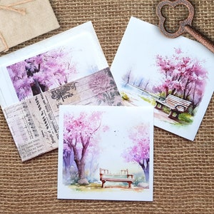 Park Bench in Spring Background Sticker Set 6 autocollants de fond transparents, collages de journaux, autocollants paysage sakura en fleurs de cerisier image 1