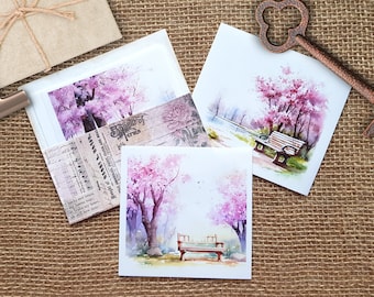 Park Bench in Spring Background Sticker Set - 6 autocollants de fond transparents, collages de journaux, autocollants paysage sakura en fleurs de cerisier