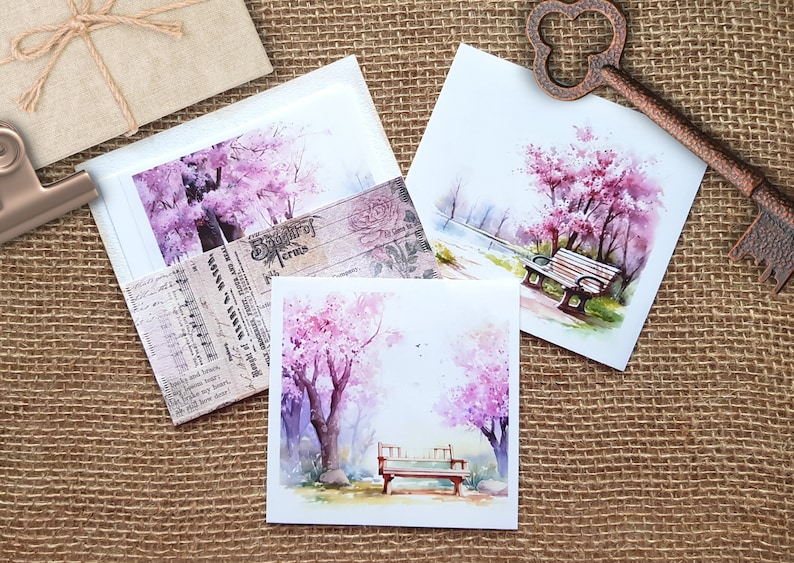 Park Bench in Spring Background Sticker Set 6 autocollants de fond transparents, collages de journaux, autocollants paysage sakura en fleurs de cerisier image 1