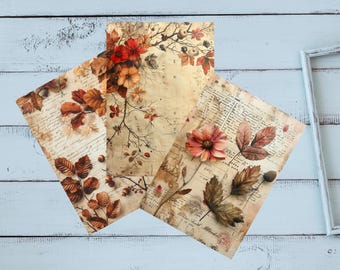 Fall Flowers Journal Paper Collage - Autumn Flowers Paper Set, 10 pieces, DIN A6, textured paper, autumn ephemera for scrapbooking and journaling